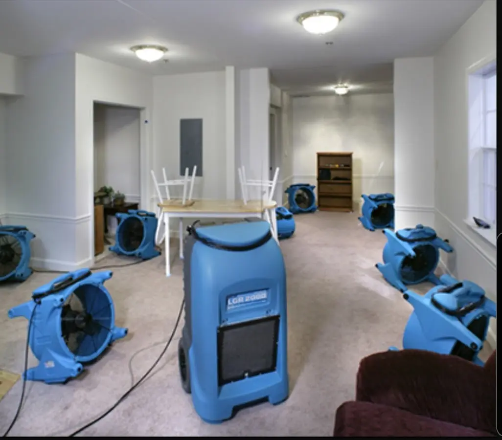 Air movers and dehumidifier setup for Water Damage Restoration in Pebble Creek